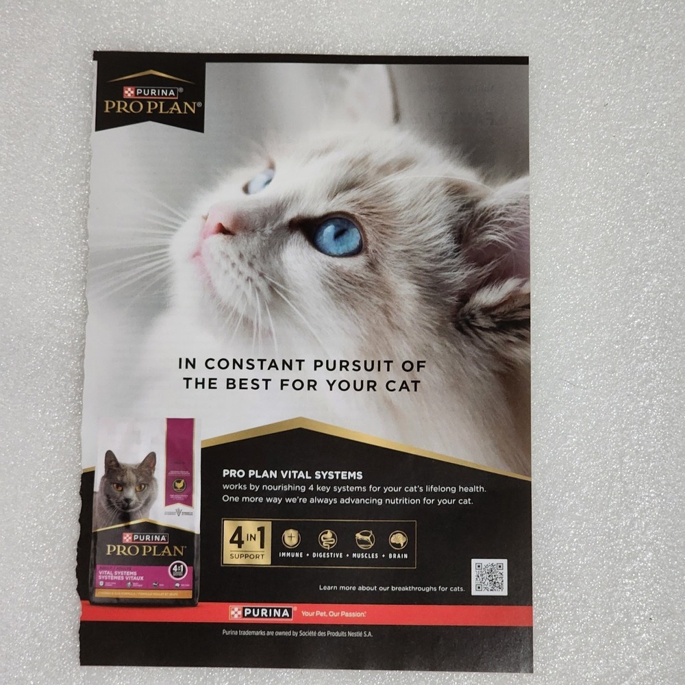 Print Ad Purina Pro Plan White Cat food blue eyes clipping 8x10
